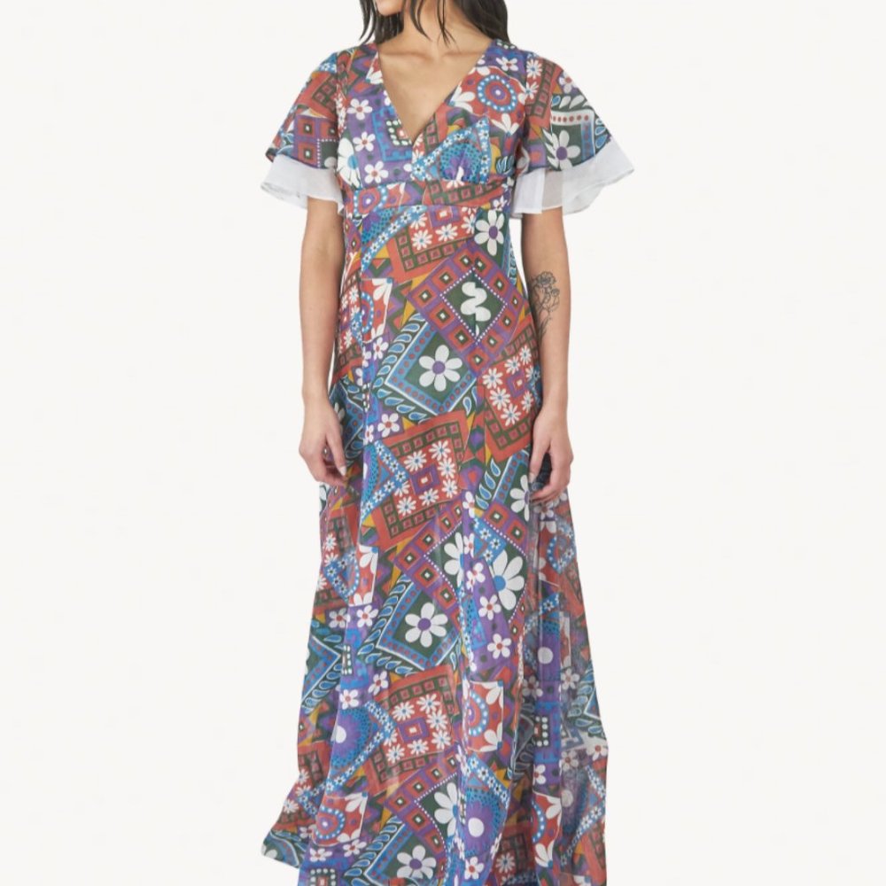 Coco California Floral Patterned Maxi Dress Ruffle Sleeve Flower V Neck Hippie
